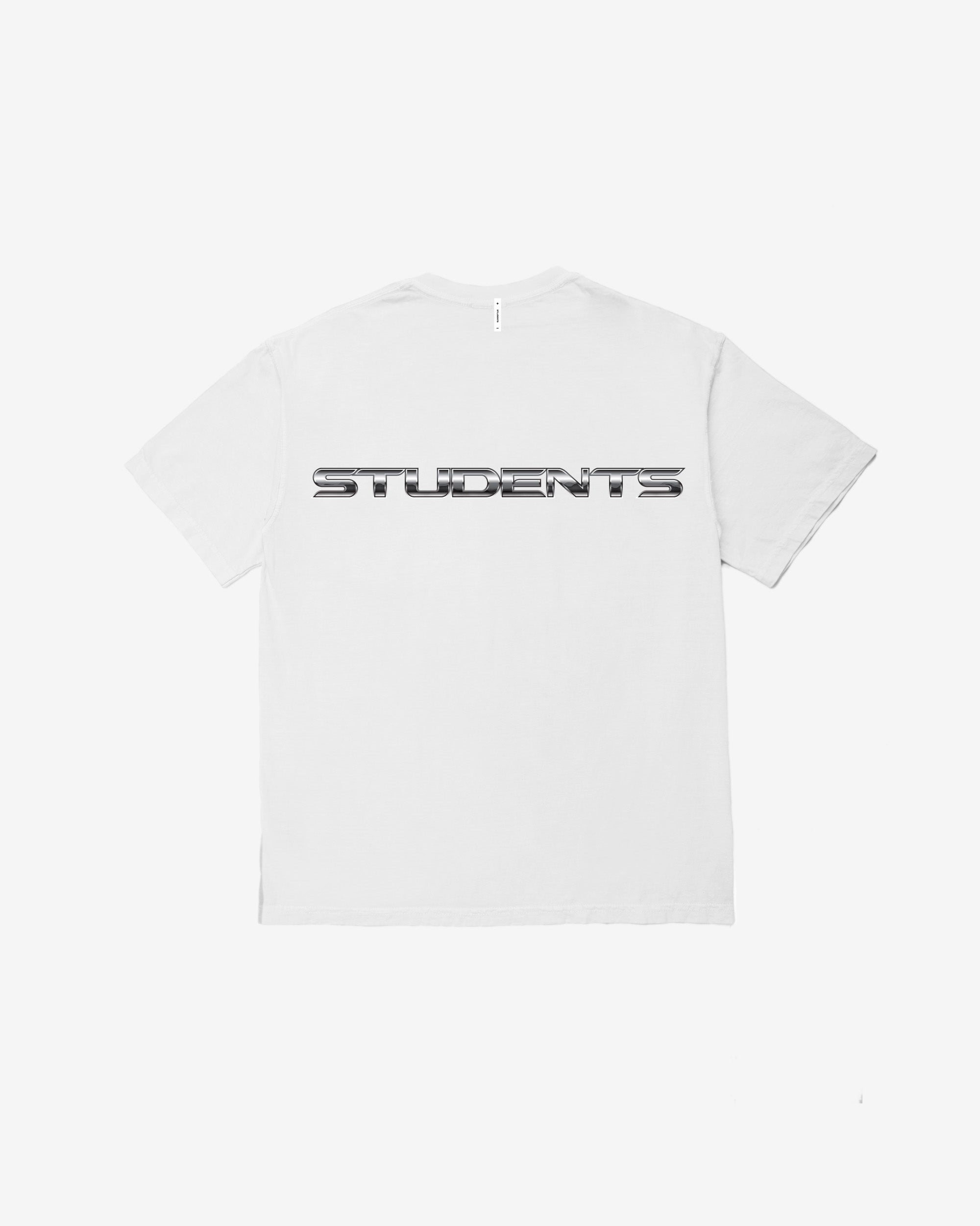 White t-shirt with 'STUDENTS' text on a white background