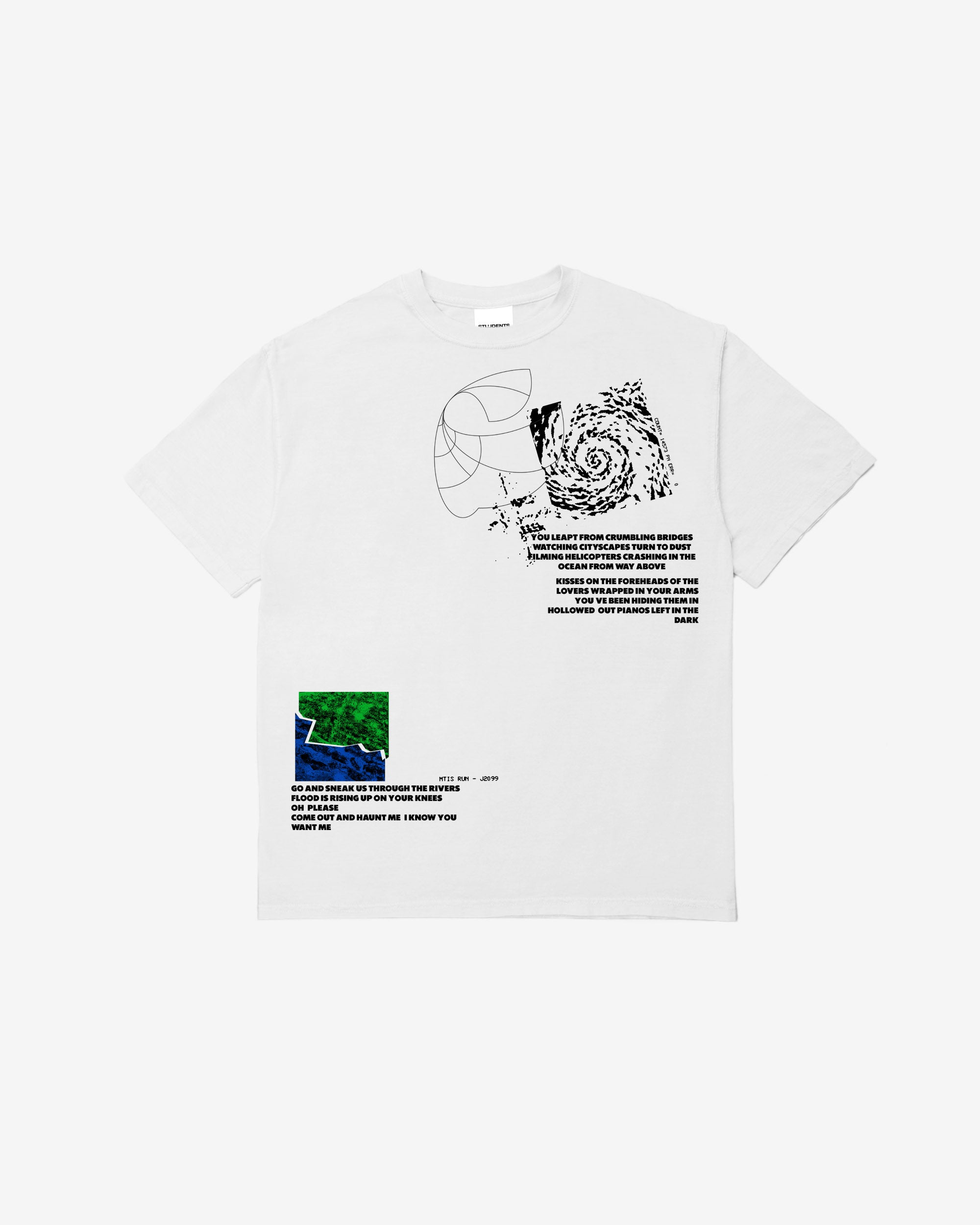 White t-shirt with graphic designs and text on a white background