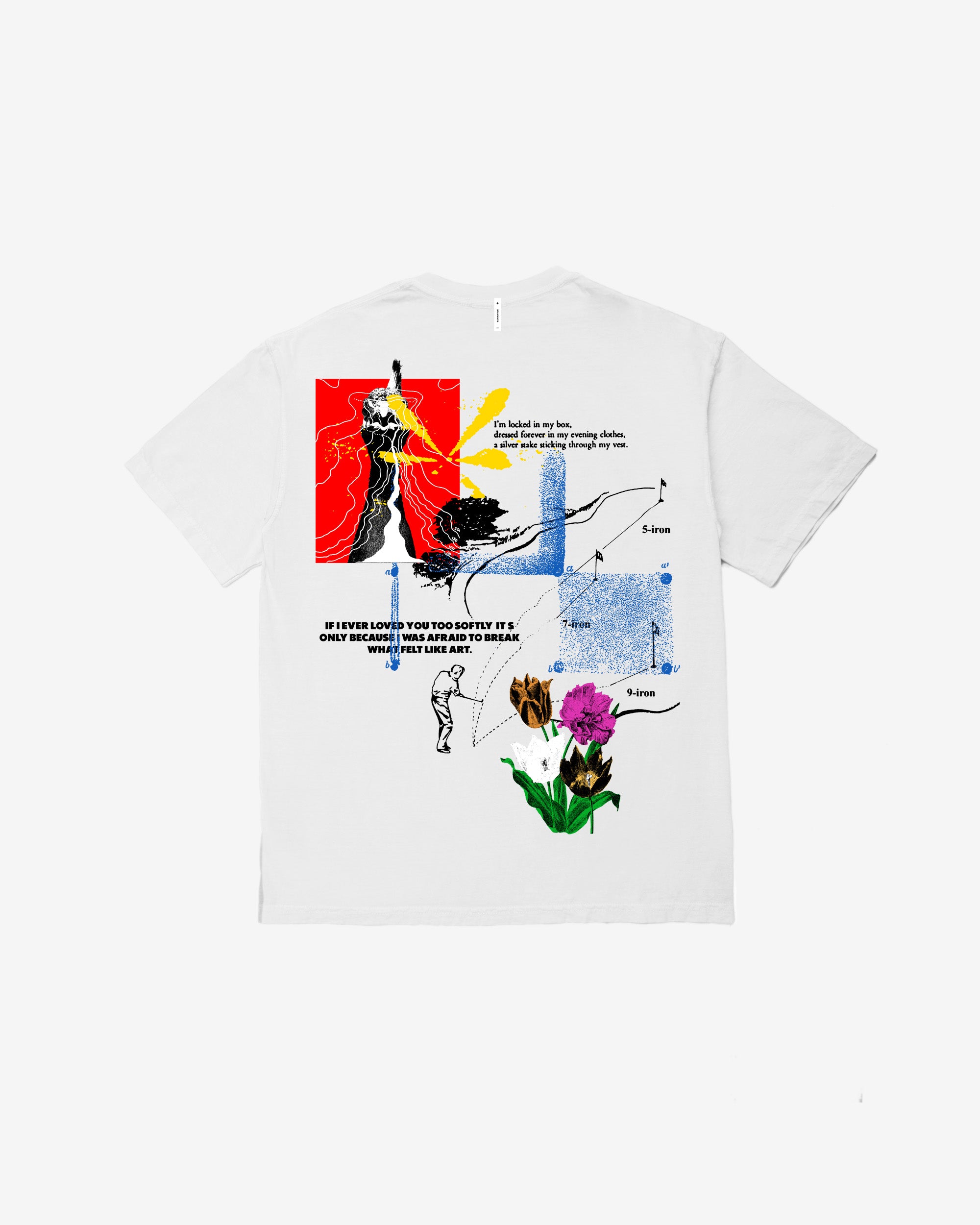 White t-shirt with colorful graphic design on a white background