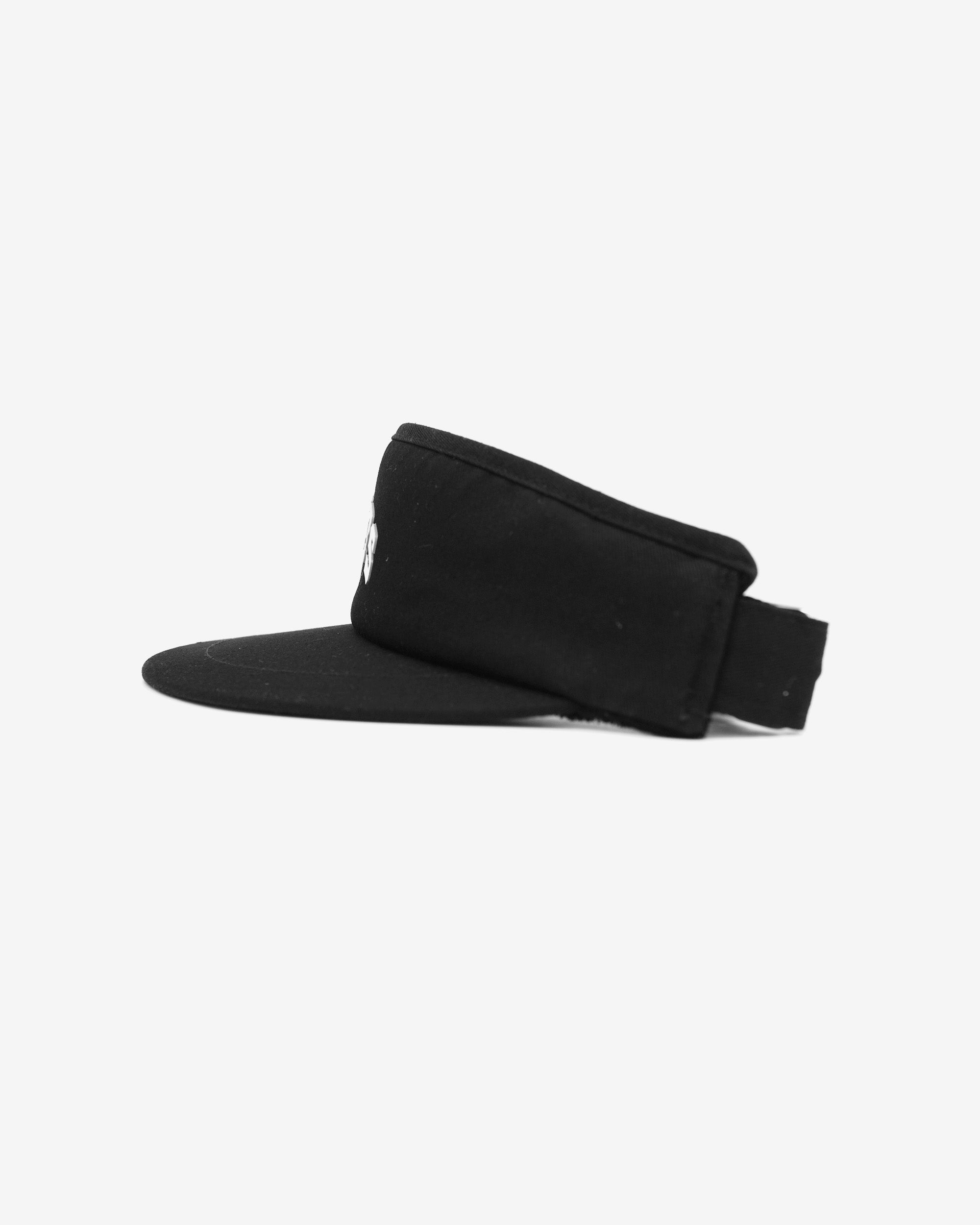 Black visor cap on a white background
