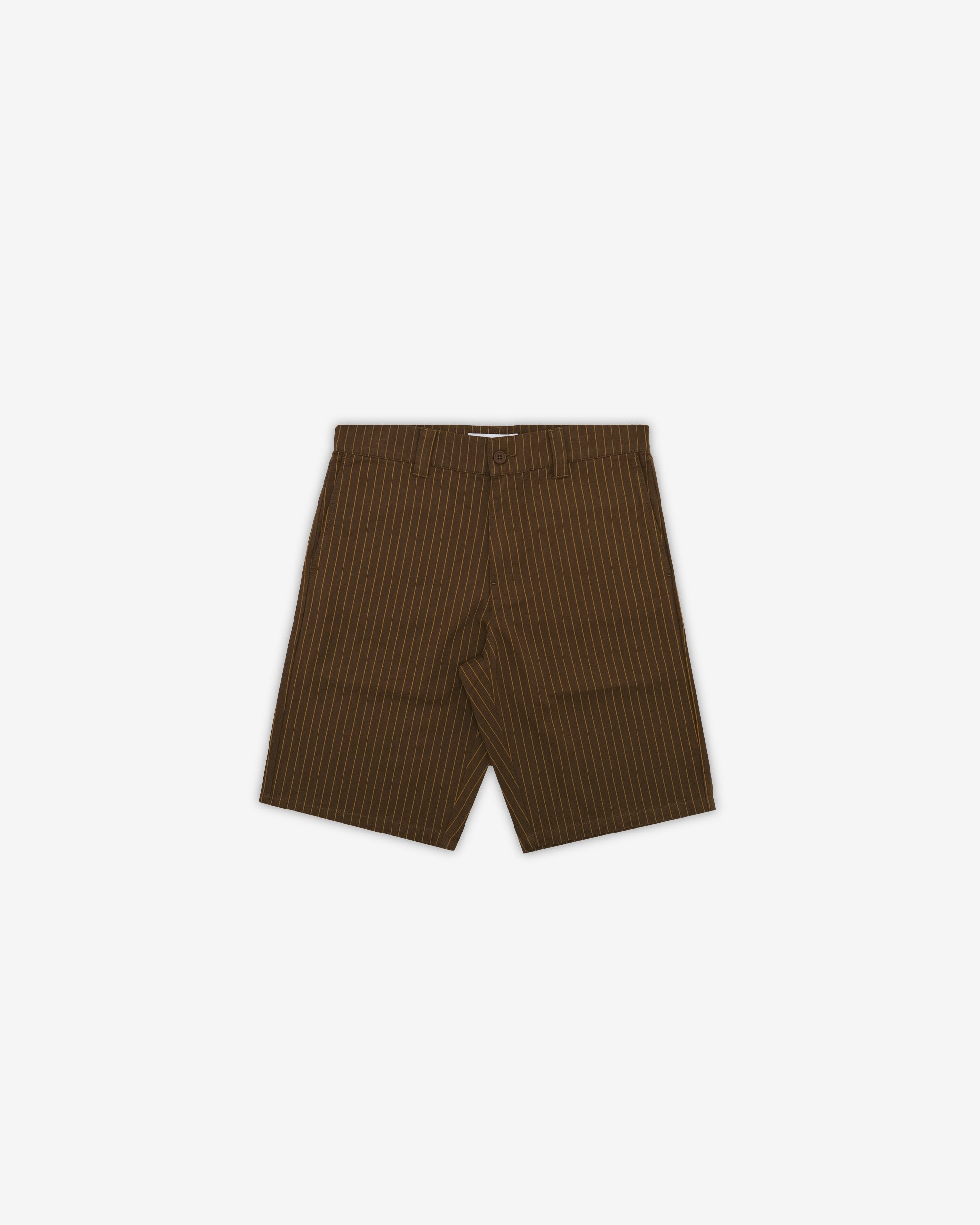 Brown pinstripe shorts on a white background
