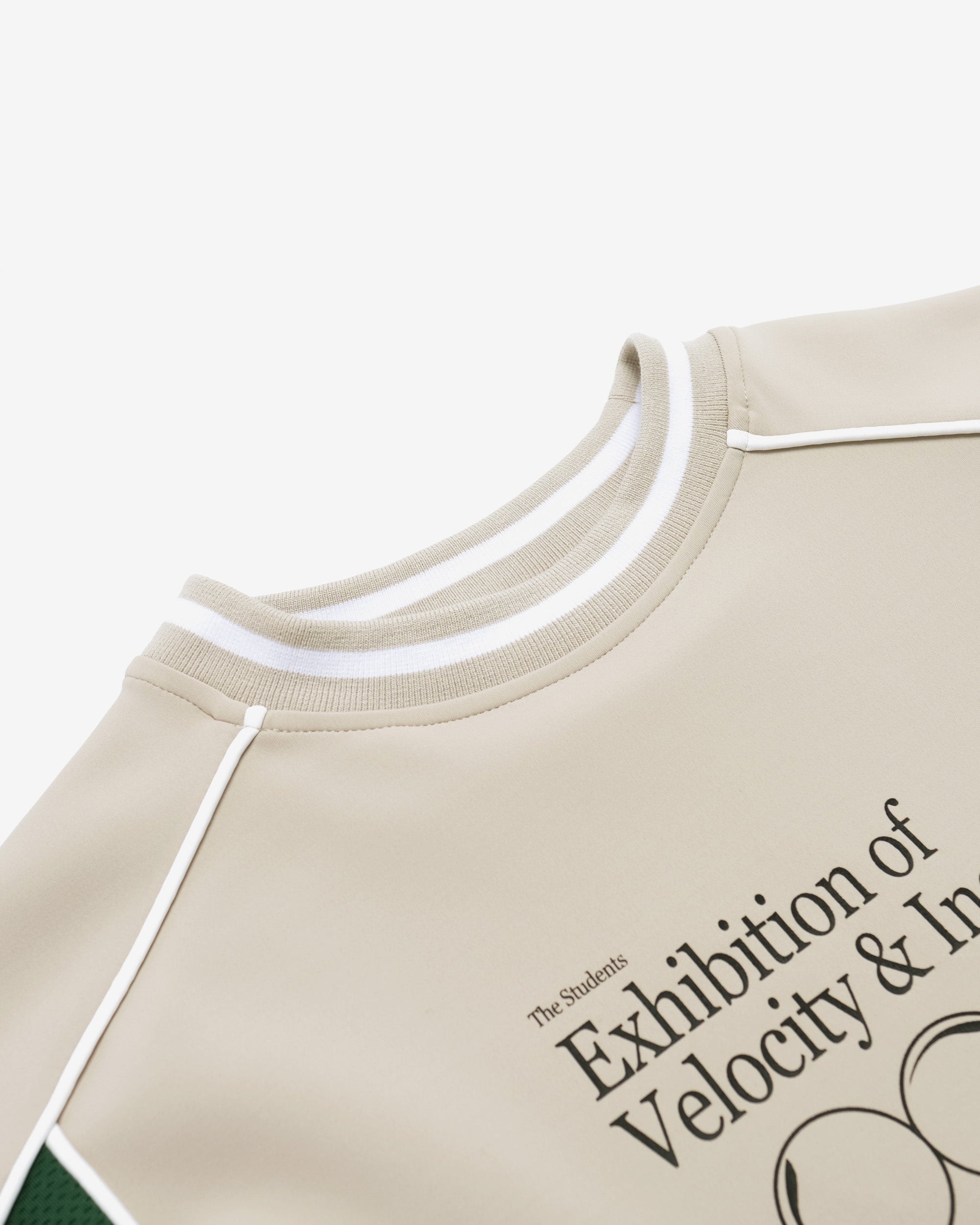 Beige sweatshirt with text and logo on a white background