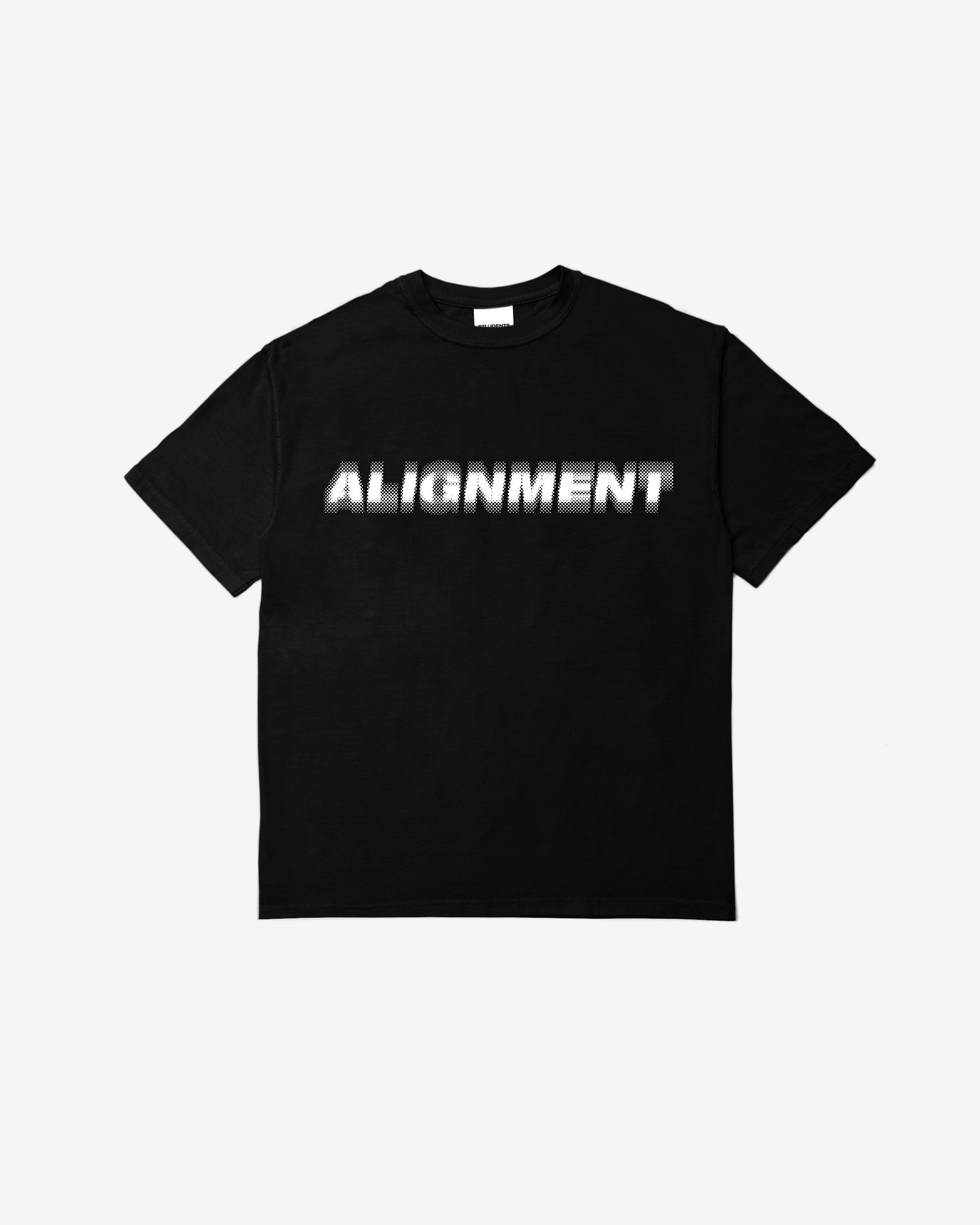 Black t-shirt with 'ALIGNMENT.' text on a white background