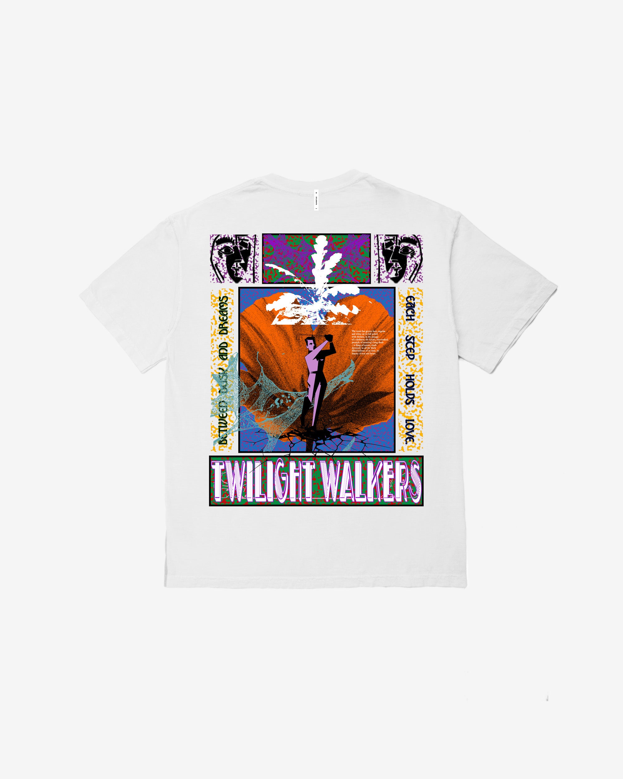 White t-shirt with colorful graphic design featuring 'Twilight Walkers' on a white background