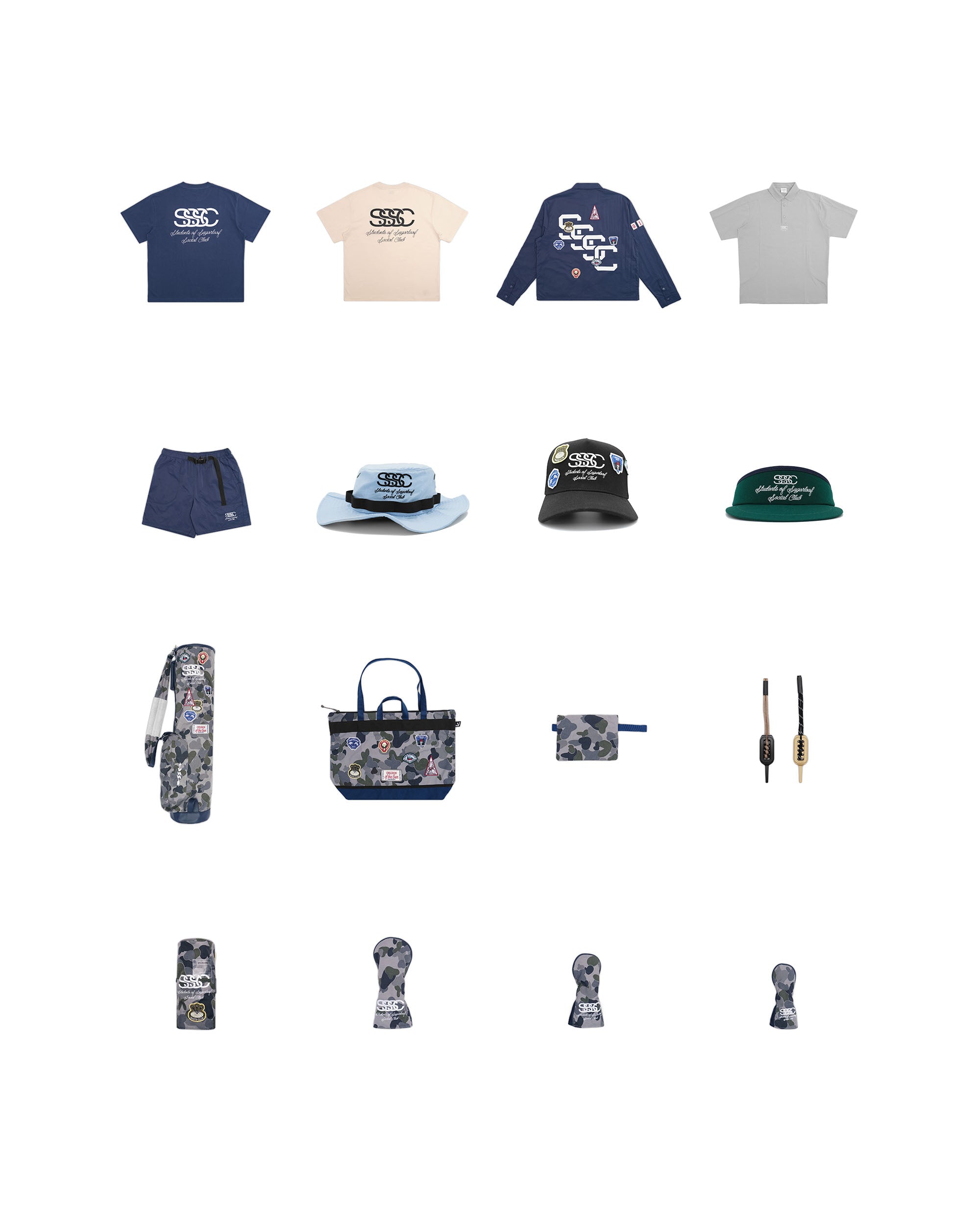 Collection of clothing and accessories including shirts, hats, and bags on a white background