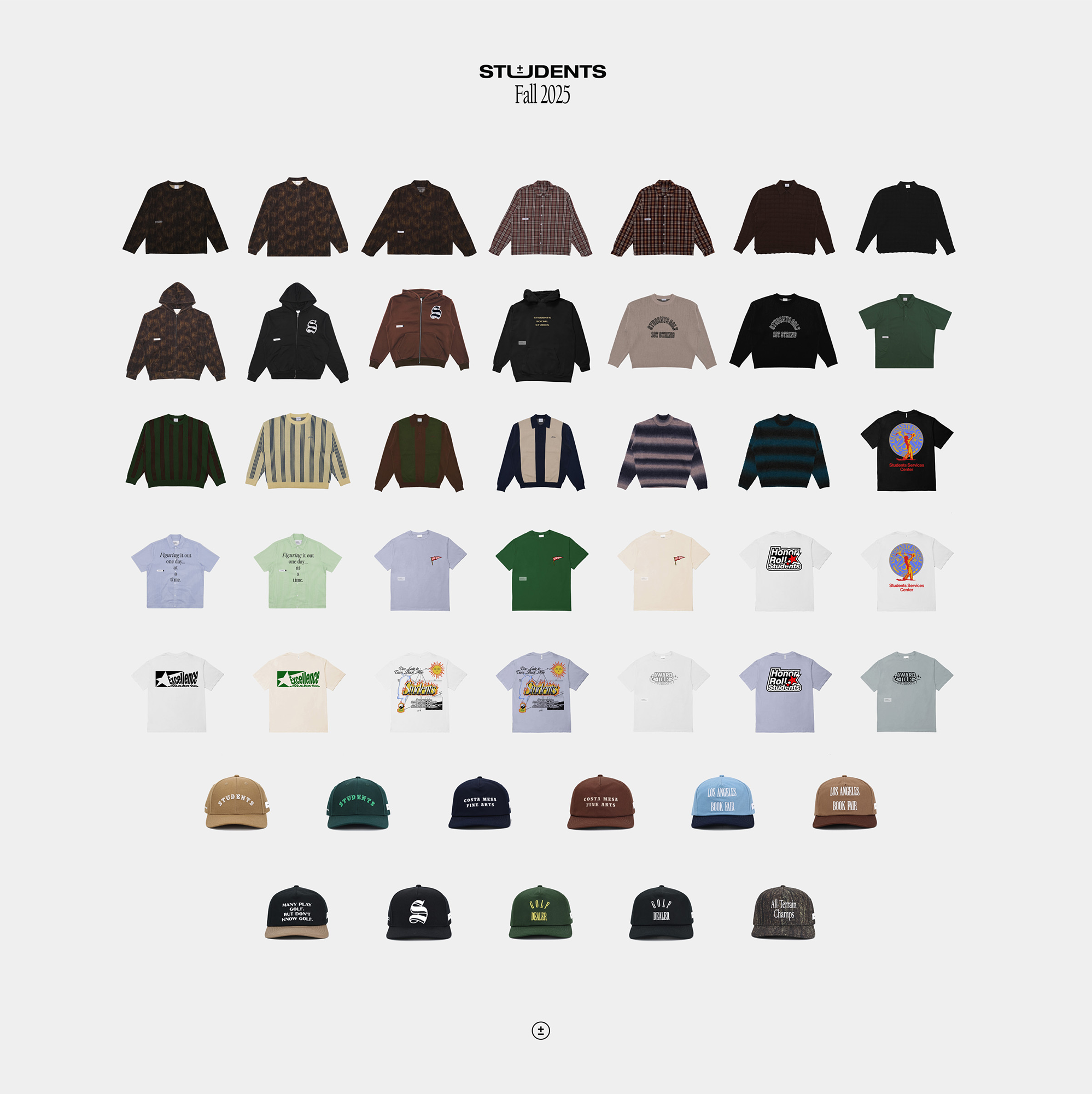 Collection of clothing items including shirts, jackets, and hats on a white background with 'STUdENTS' branding.
