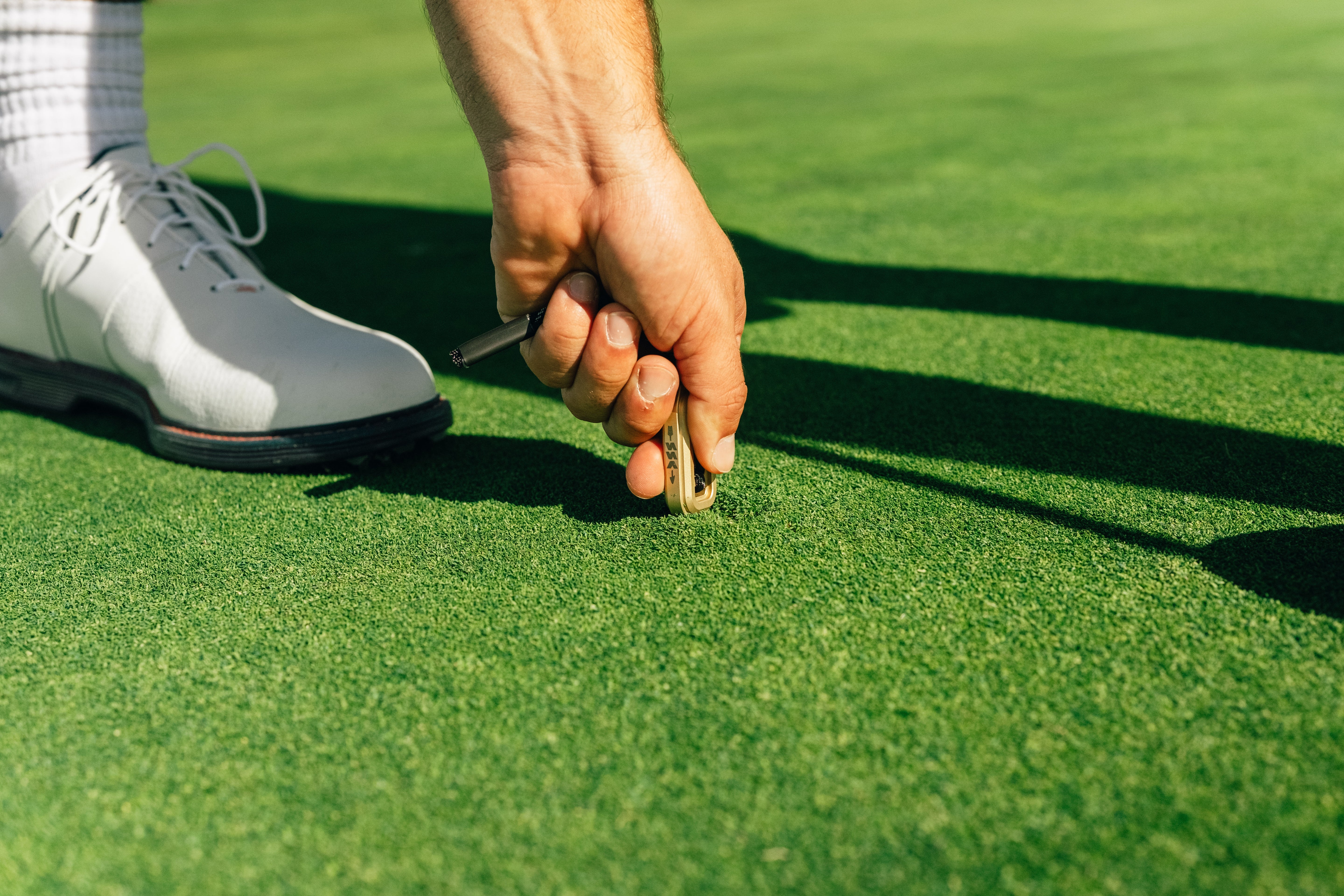 Golf player preparing to putt on a green golf course